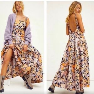 Free People Floral Maxi Dress in Navy, Peach & Lilac